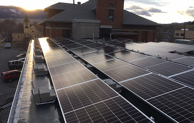 Solar panels on the roof of the Shane Lalani Center for the Arts in Bozeman.